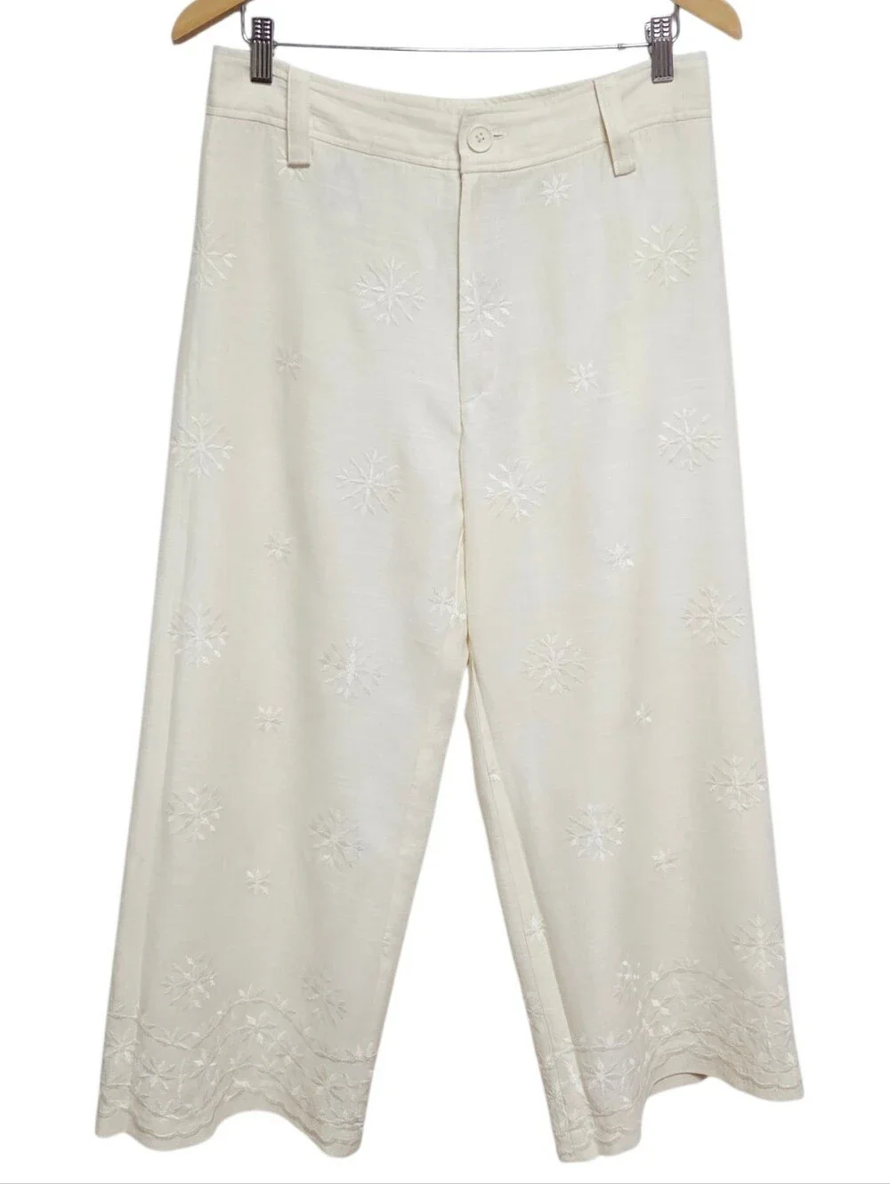ZARA Embroidered Linen Blend Crop Pants Cream Medium